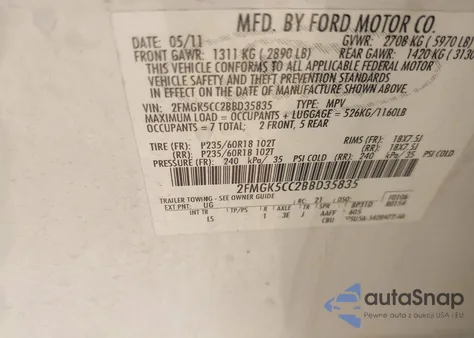 2011 Ford Flex Sel из США, поврежденный, VIN 2FMGK5CC2BBD35835